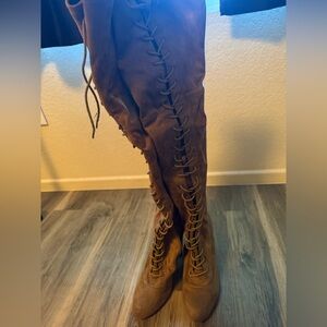 Brown tanish Lace-Up Over-the-Knee Boots